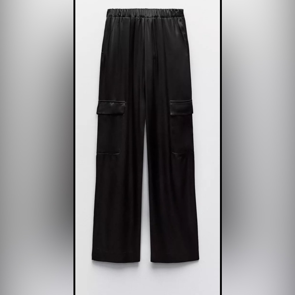 Zara satin silk like black wide leg cargo pants size medium - Picture 2 of 10